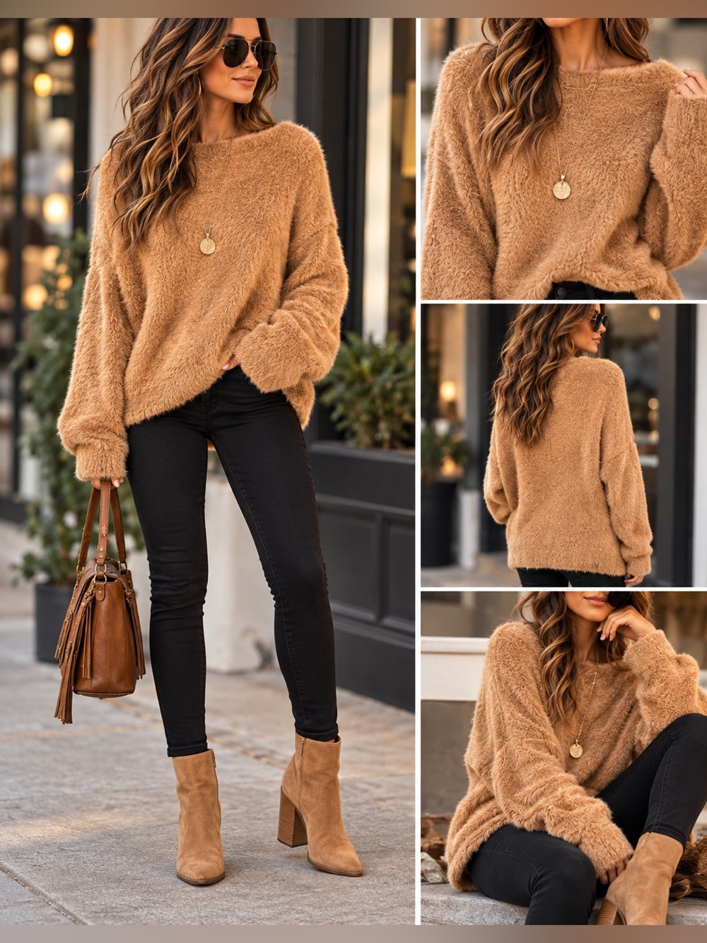 Free People 99% Polyamide Fuzzy Camel Tan Oversized Long Sleeve Sweater Size M